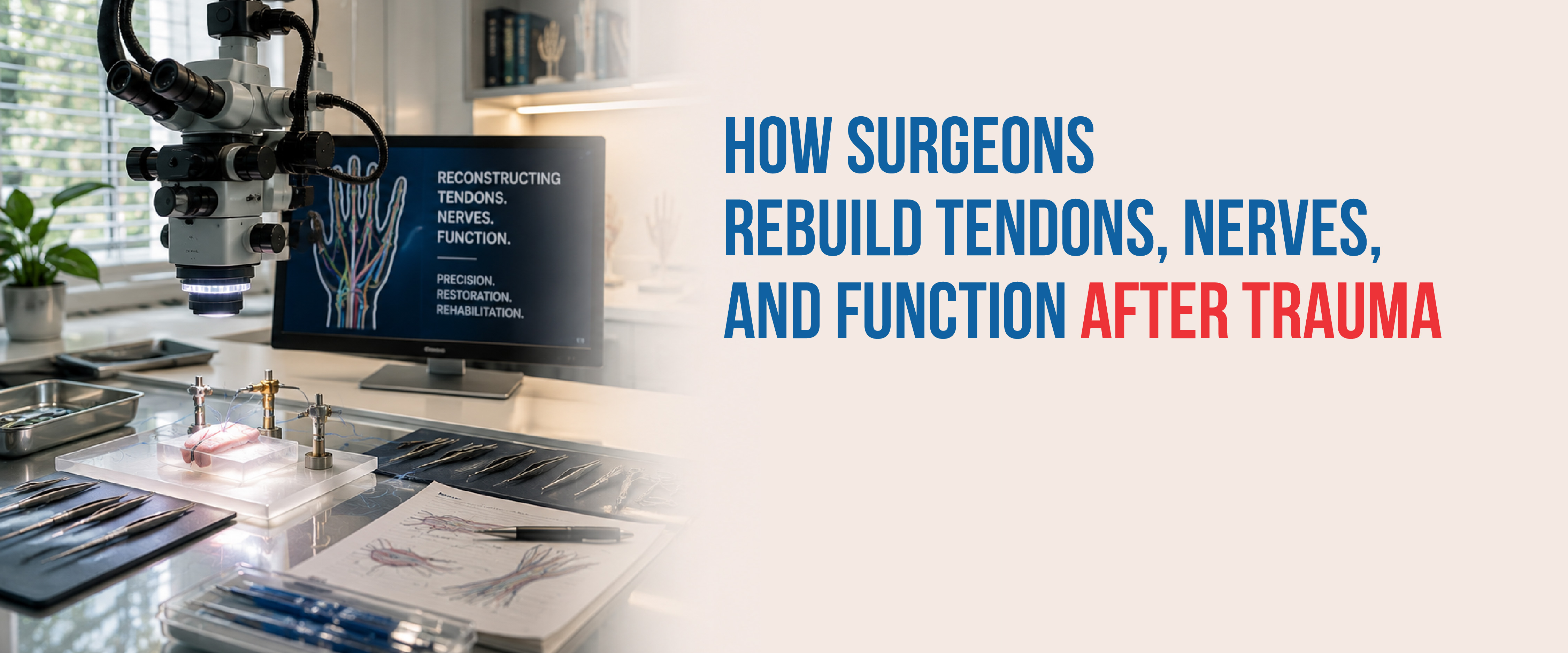 Reconstructive microsurgeon performing tendon and nerve repair surgery after a traumatic hand injury to restore function.